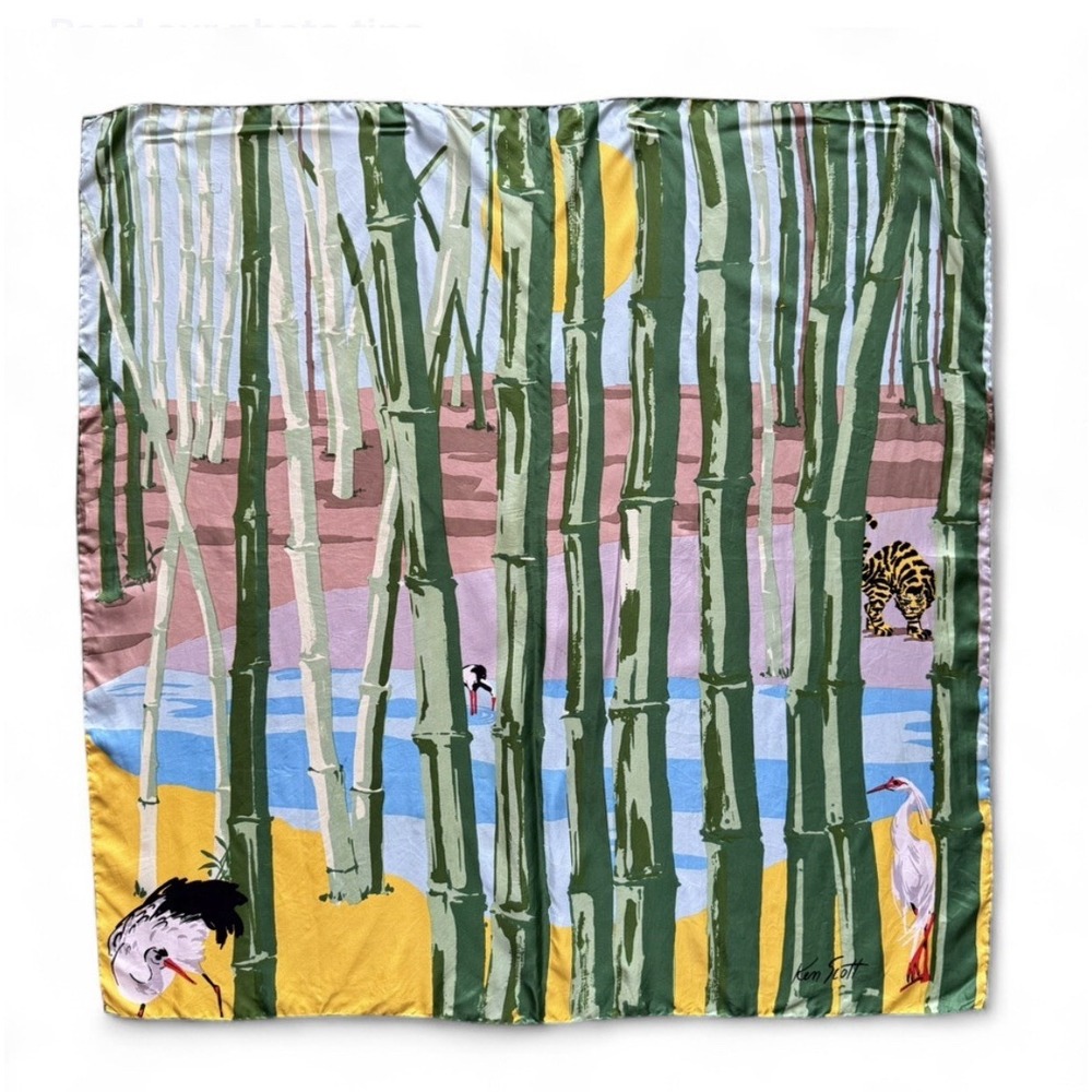 Vintage KEN SCOTT Silk Scarf  1970s "Animalia" Tiger Crane Bamboo‎ Print Flaws